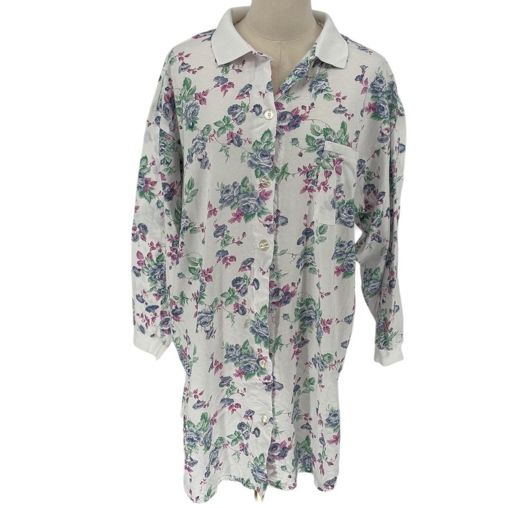 Vintage Body Drama Nightshirt‎ White Floral Cotton 1992 Sleep Shirt M
